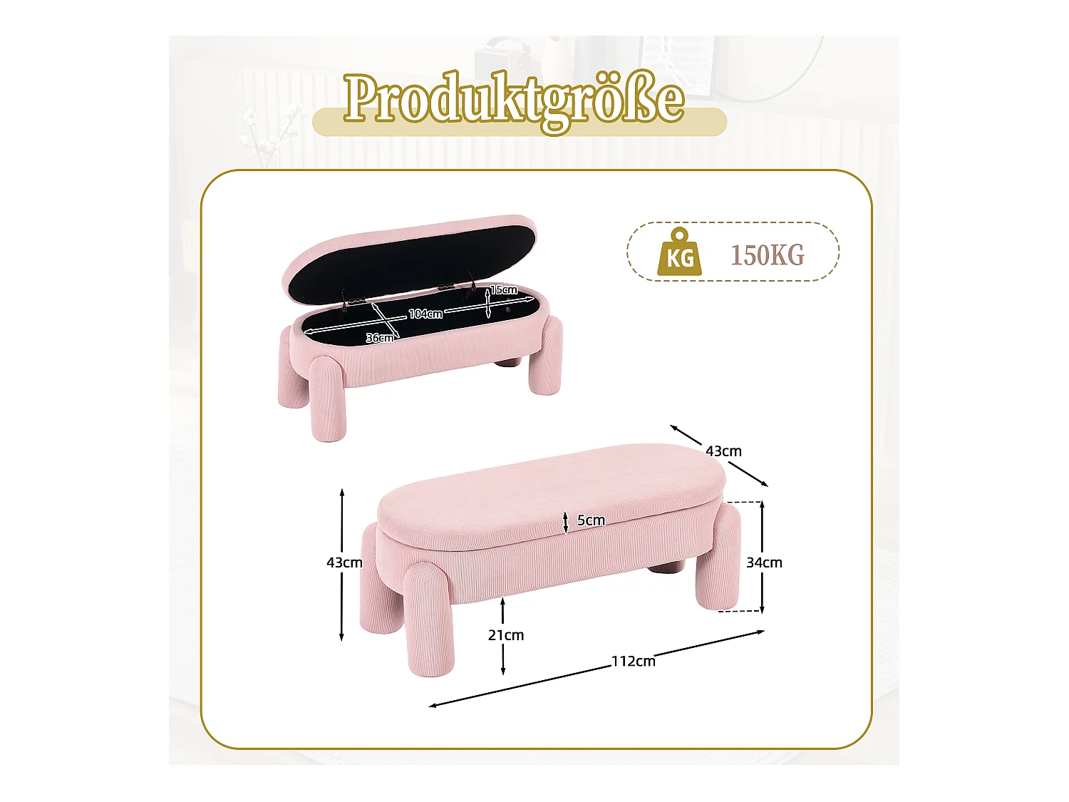 Banquette de rangement moderne avec tissu Chenille et cadre en bois massif, antidérapante, couleur rose (112x43x43 cm)