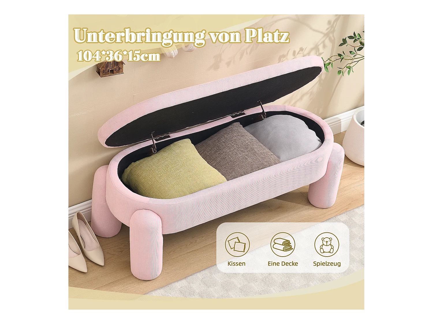 Banquette de rangement moderne avec tissu Chenille et cadre en bois massif, antidérapante, couleur rose (112x43x43 cm)