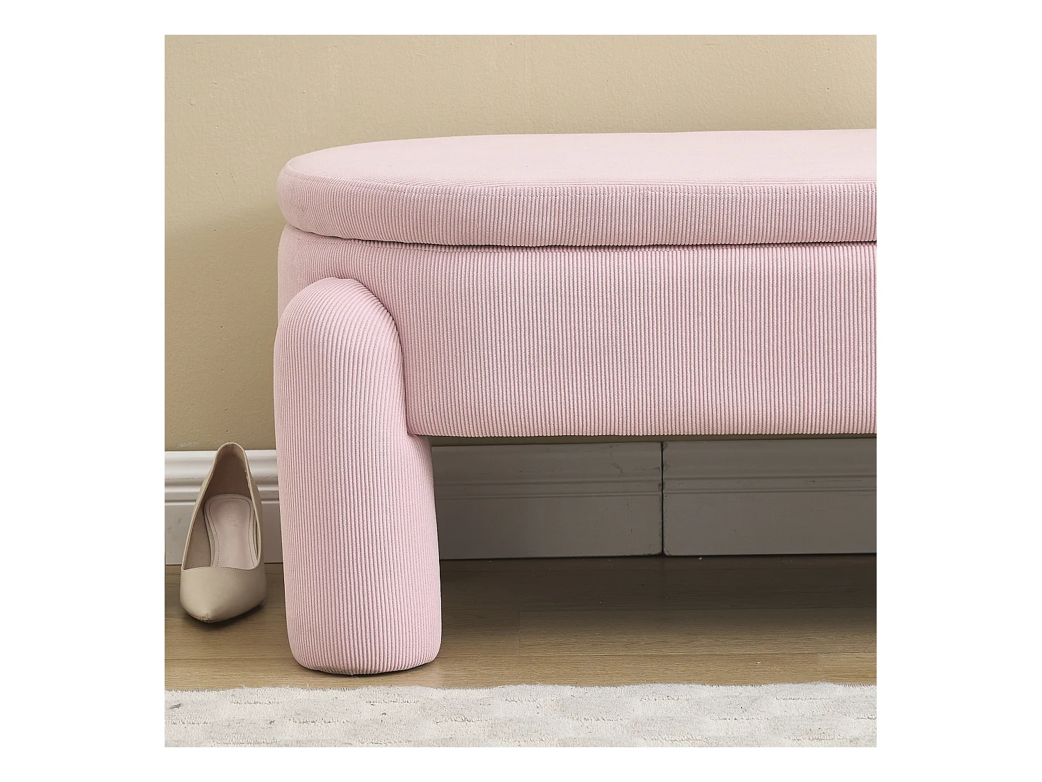 Banquette de rangement moderne avec tissu Chenille et cadre en bois massif, antidérapante, couleur rose (112x43x43 cm)