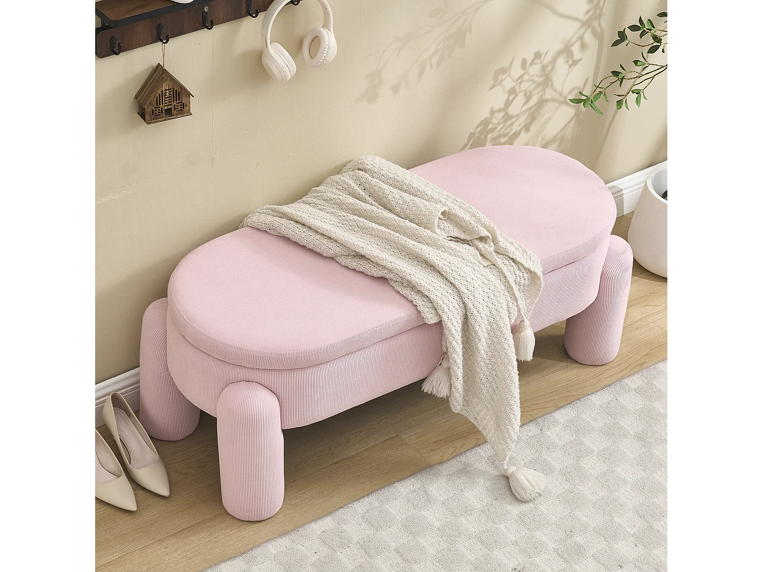 Banquette de rangement moderne avec tissu Chenille et cadre en bois massif, antidérapante, couleur rose (112x43x43 cm)
