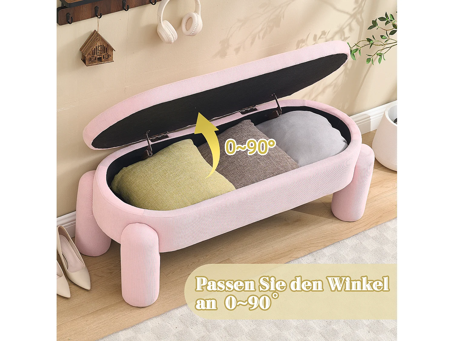 Banquette de rangement moderne avec tissu Chenille et cadre en bois massif, antidérapante, couleur rose (112x43x43 cm)