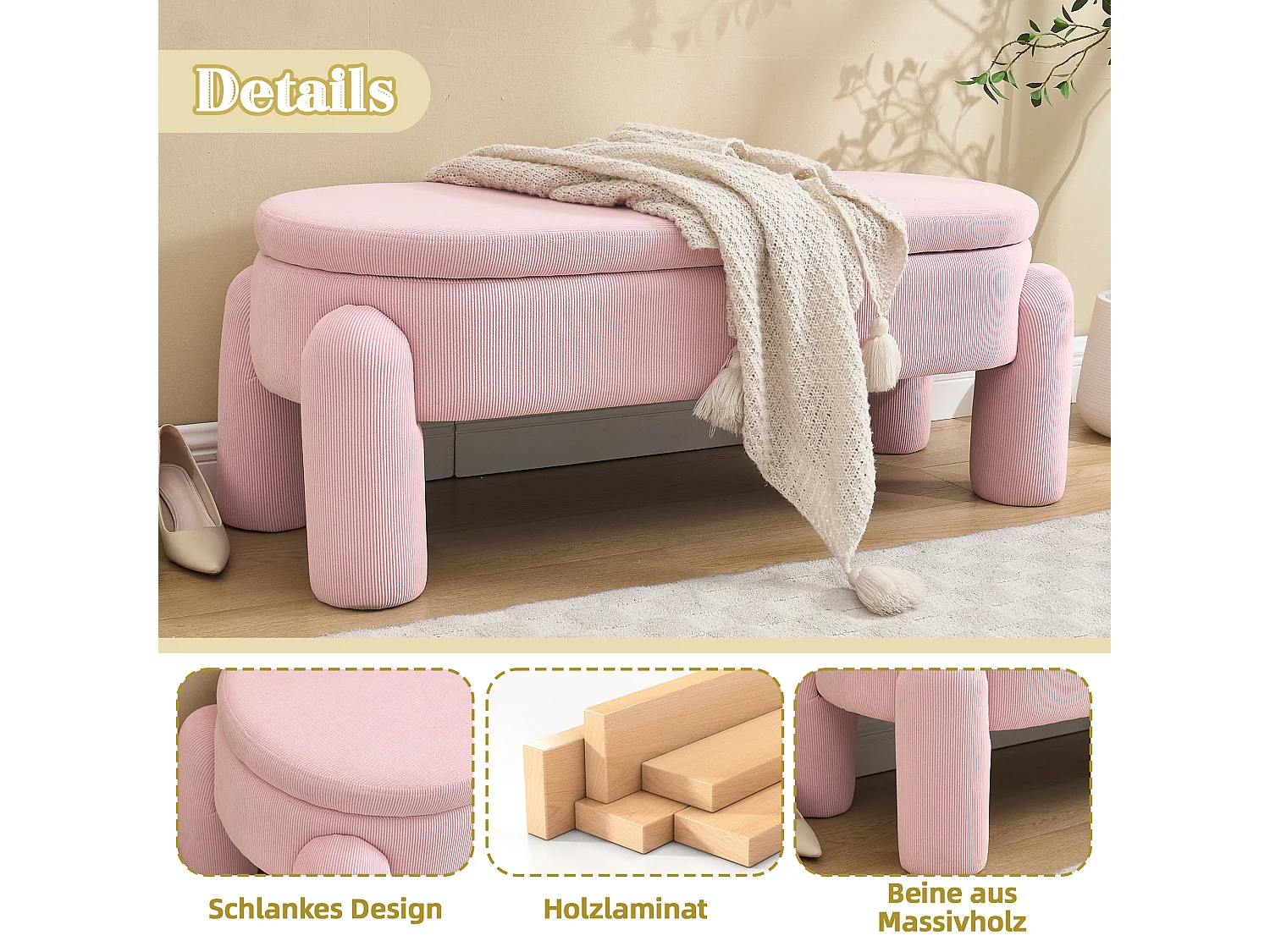 Banquette de rangement moderne avec tissu Chenille et cadre en bois massif, antidérapante, couleur rose (112x43x43 cm)
