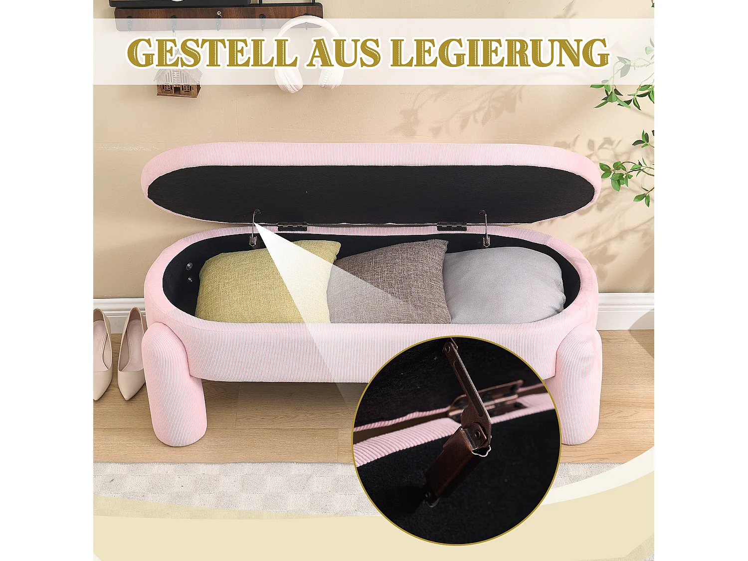 Banquette de rangement moderne avec tissu Chenille et cadre en bois massif, antidérapante, couleur rose (112x43x43 cm)