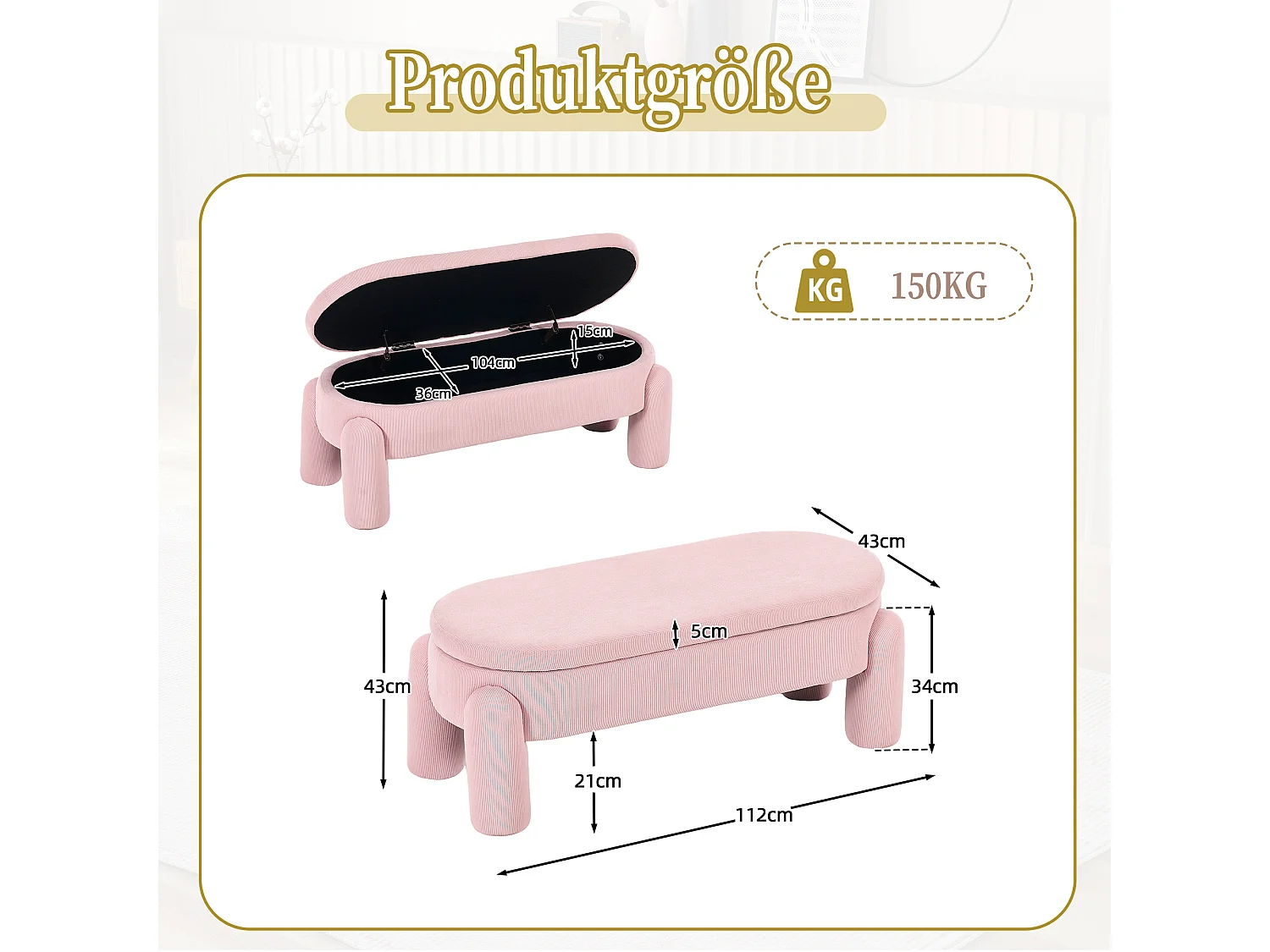 Banquette de rangement moderne avec tissu Chenille et cadre en bois massif, antidérapante, couleur rose (112x43x43 cm)