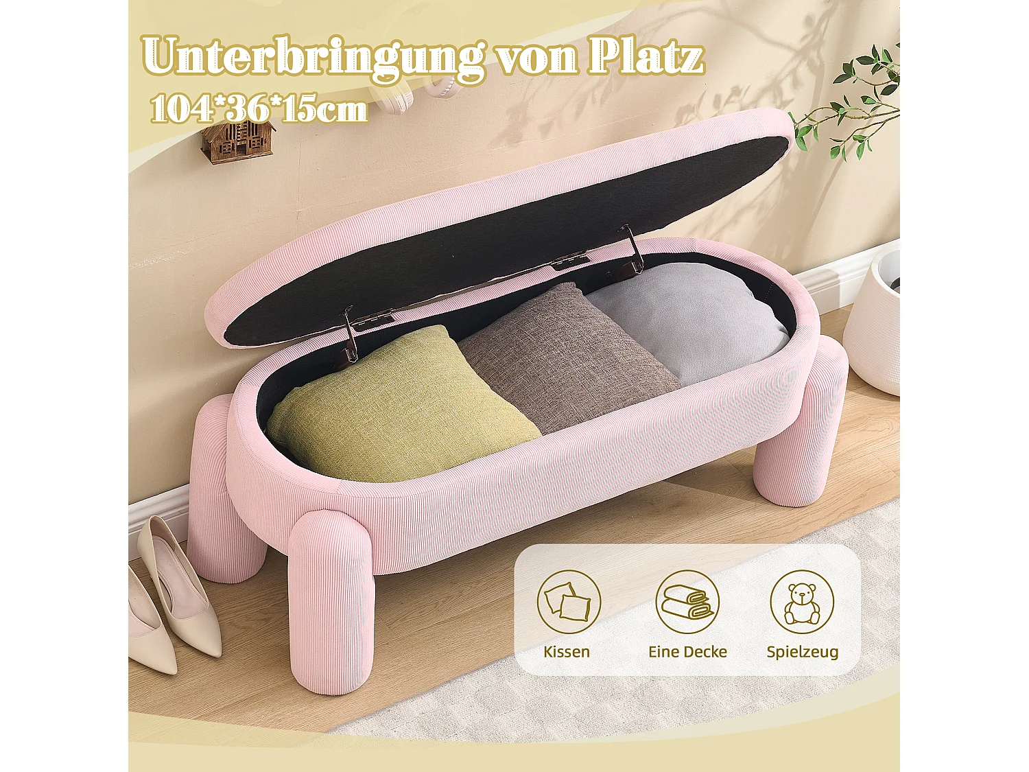 Banquette de rangement moderne avec tissu Chenille et cadre en bois massif, antidérapante, couleur rose (112x43x43 cm)