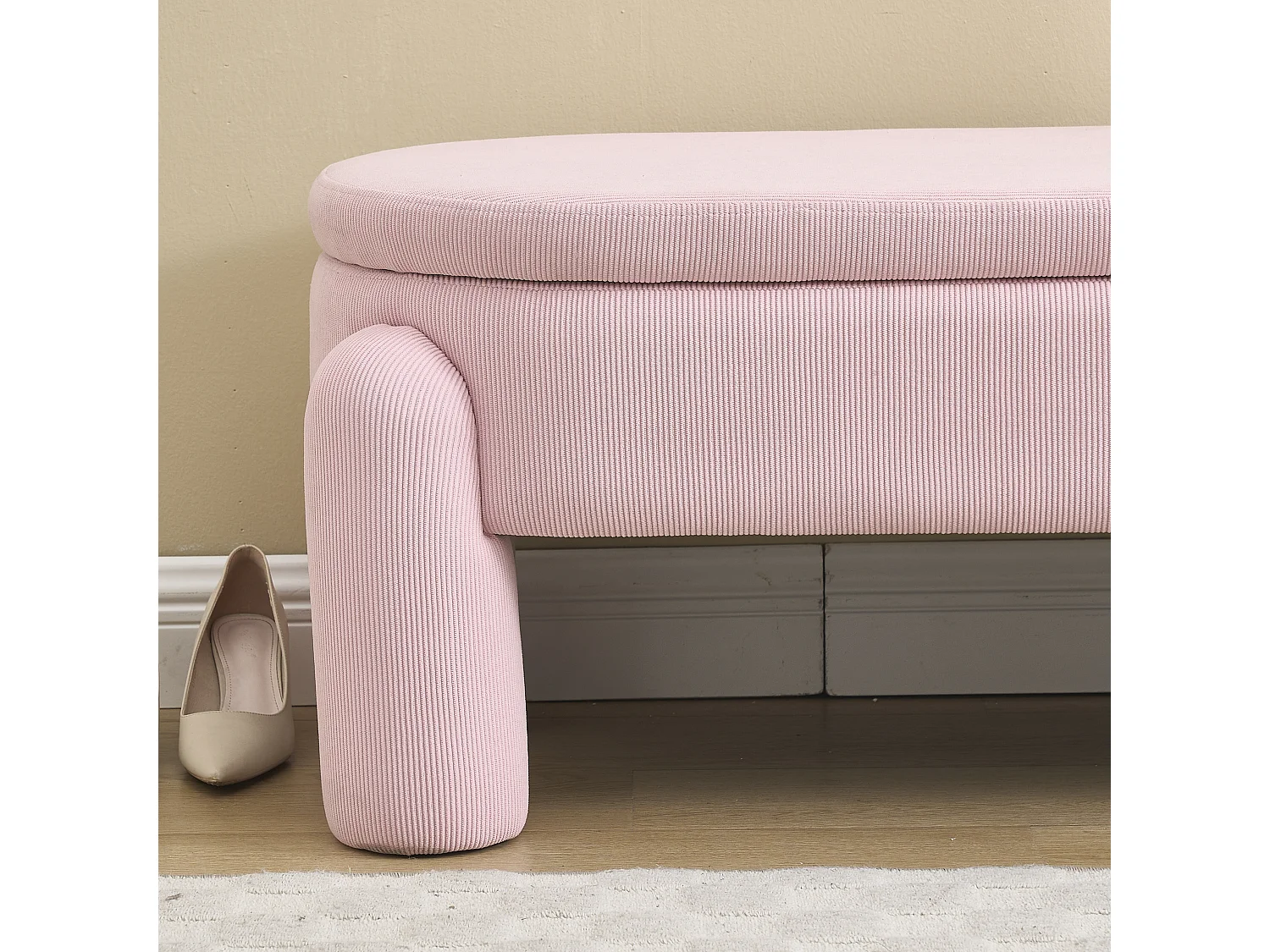 Banquette de rangement moderne avec tissu Chenille et cadre en bois massif, antidérapante, couleur rose (112x43x43 cm)