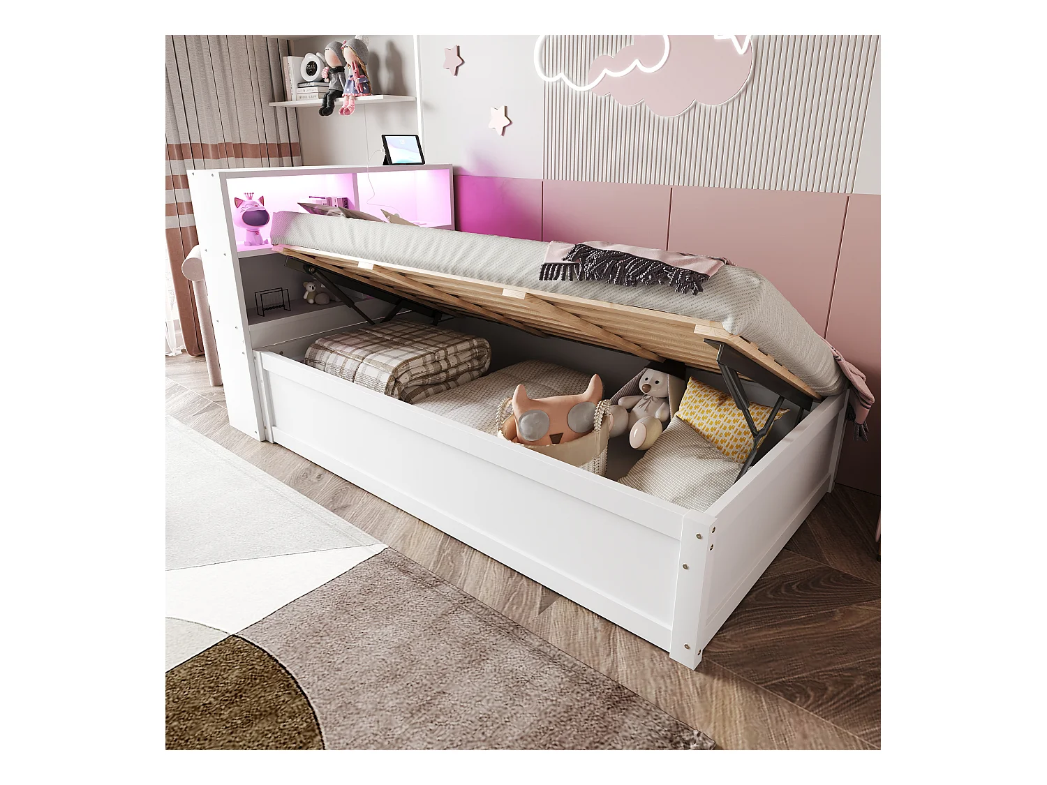 Lit banquette simple 90x200cm blanc avec éclairage LED et prises multiples (sans matelas)