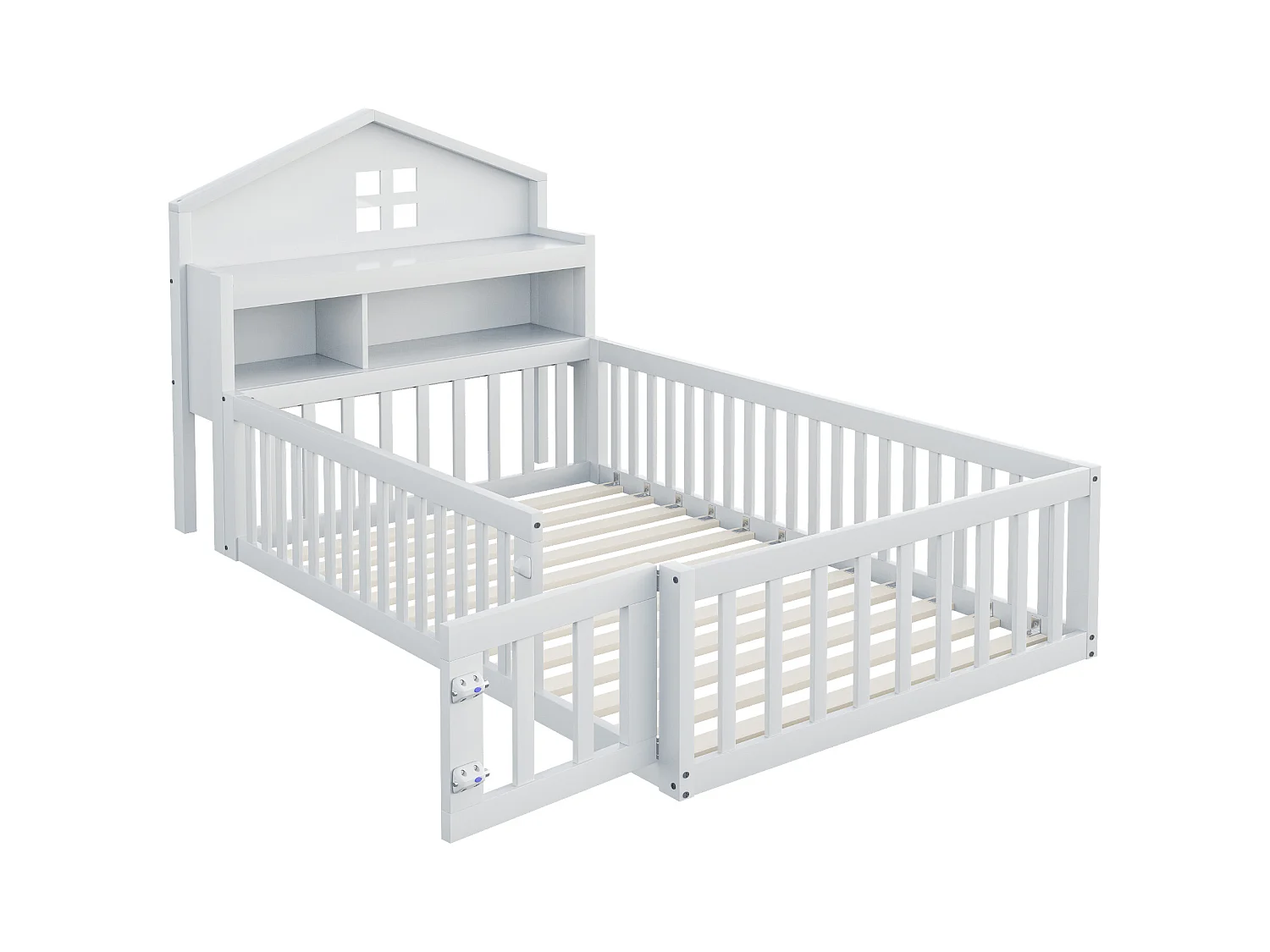 Lit cabane enfant 90x200 cm avec barrières de sécurité, étagères et rangements blanc (sans matelas)