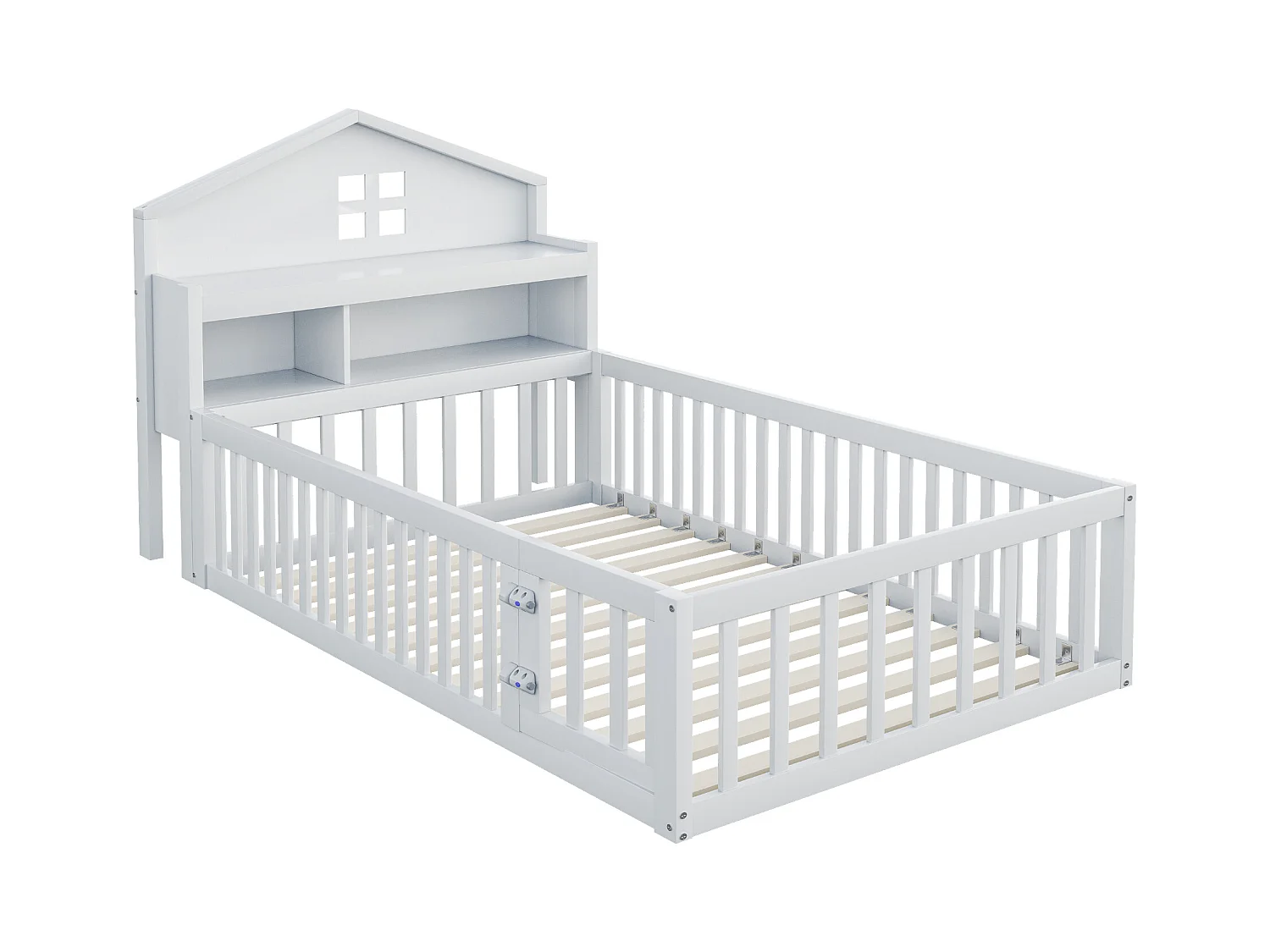 Lit cabane enfant 90x200 cm avec barrières de sécurité, étagères et rangements blanc (sans matelas)