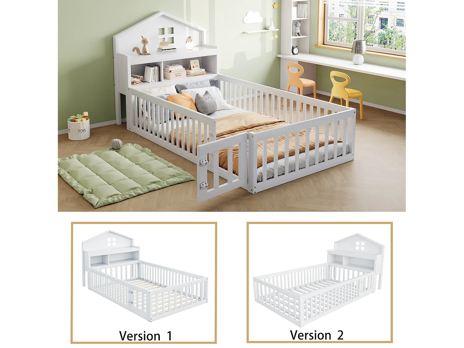 Lit cabane enfant 90x200 cm avec barrières de sécurité, étagères et rangements blanc (sans matelas)