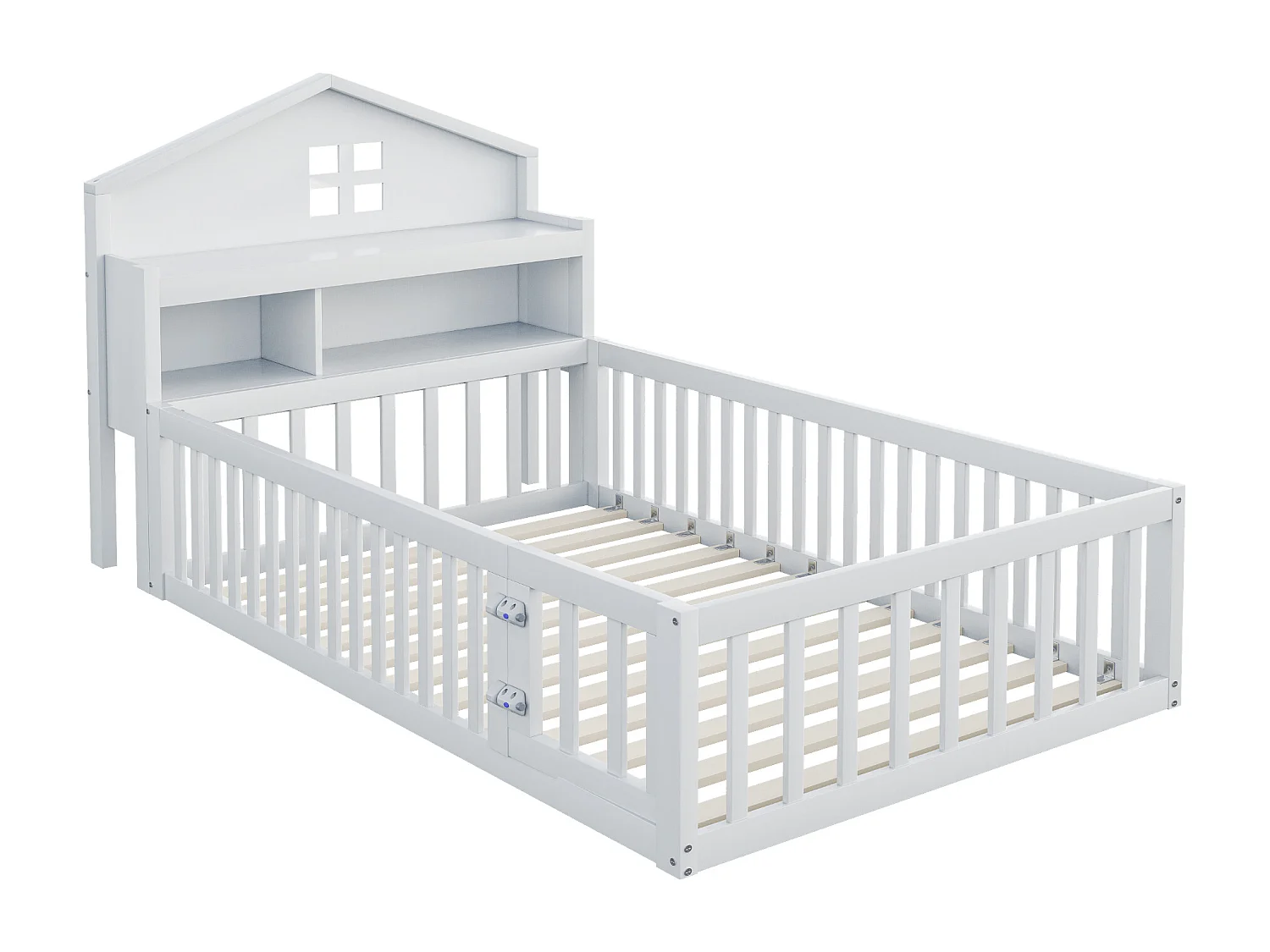 Lit cabane enfant 90x200 cm avec barrières de sécurité, étagères et rangements blanc (sans matelas)