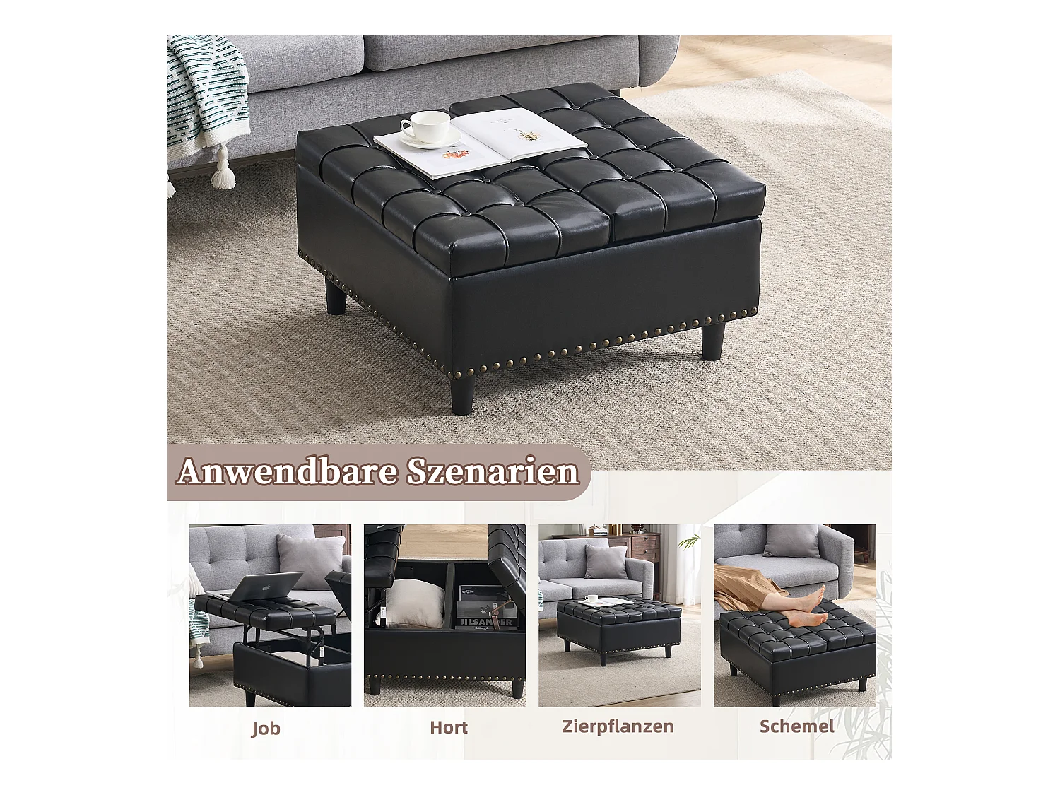 Banquette de rangement carrée, siège avec espace de stockage, cuir PU et bois, noir (75x75x41 cm)