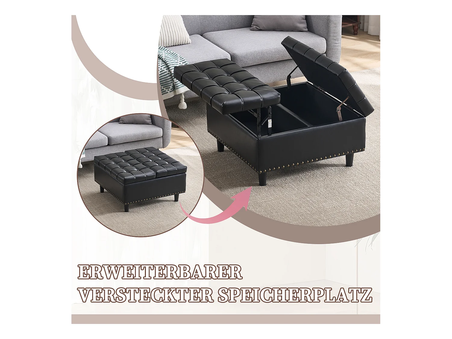 Banquette de rangement carrée, siège avec espace de stockage, cuir PU et bois, noir (75x75x41 cm)