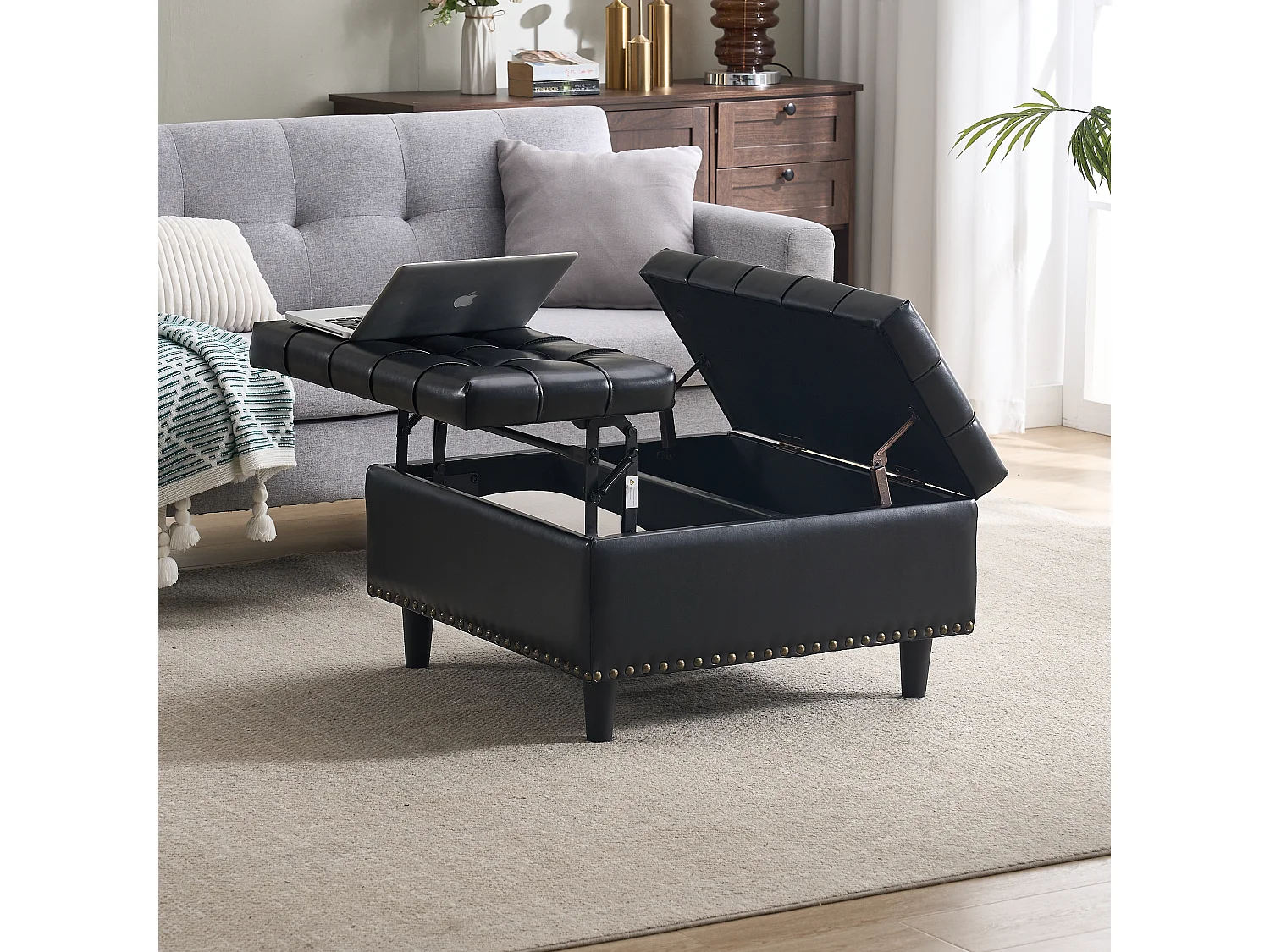 Banquette de rangement carrée, siège avec espace de stockage, cuir PU et bois, noir (75x75x41 cm)