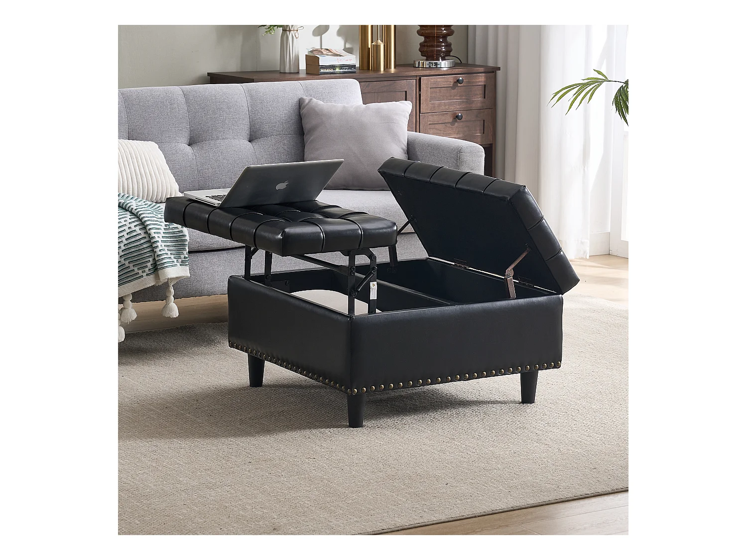Banquette de rangement carrée, siège avec espace de stockage, cuir PU et bois, noir (75x75x41 cm)