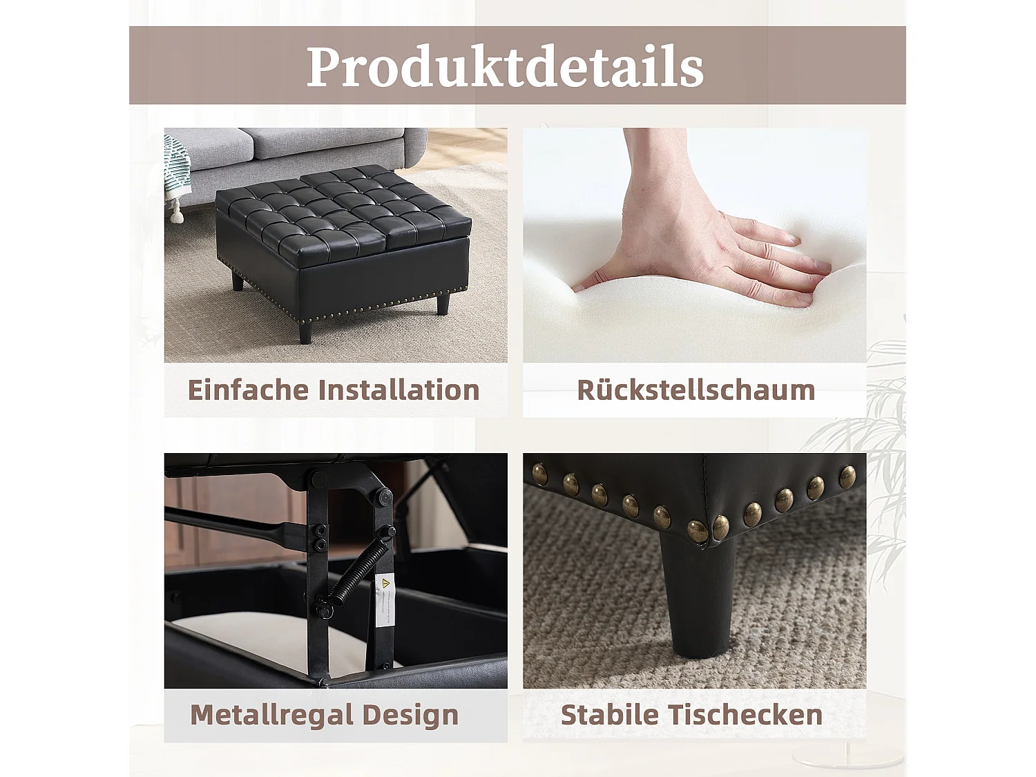 Vierkante opbergbank, zitting met opbergruimte, PU-leer en hout, zwart (75x75x41 cm)