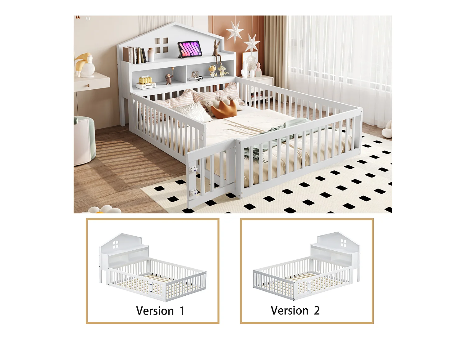 Lit cabane enfant 140x200 cm avec barrières de sécurité, étagères et rangements blanc (sans matelas)