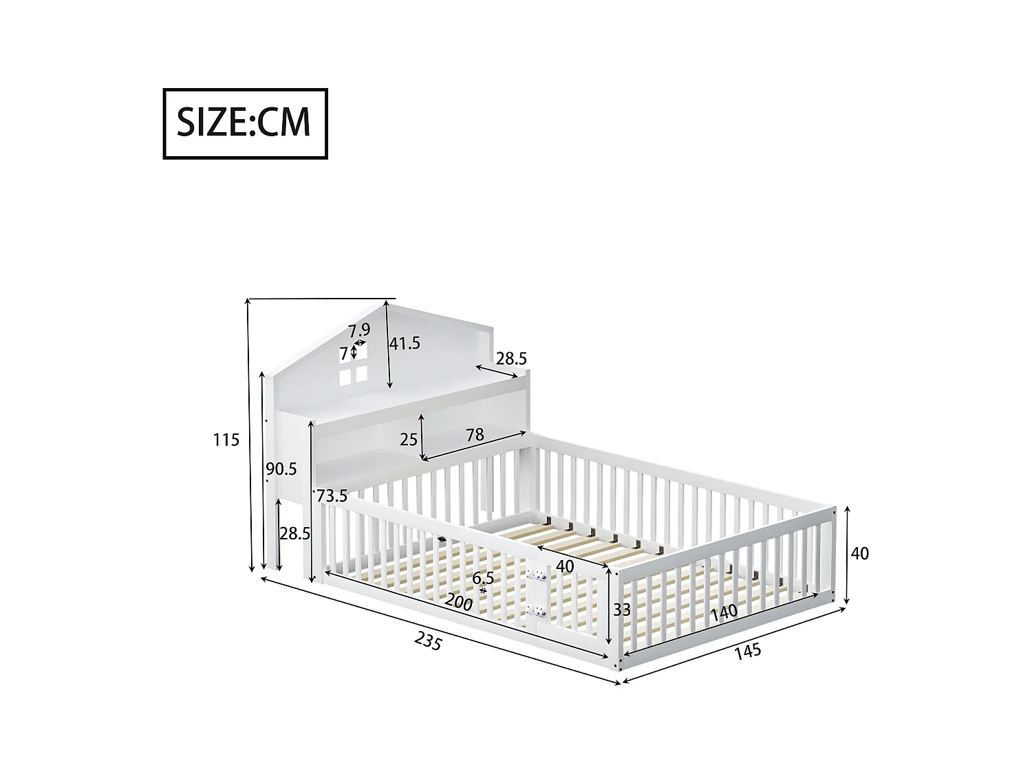 Lit cabane enfant 140x200 cm avec barrières de sécurité, étagères et rangements blanc (sans matelas)