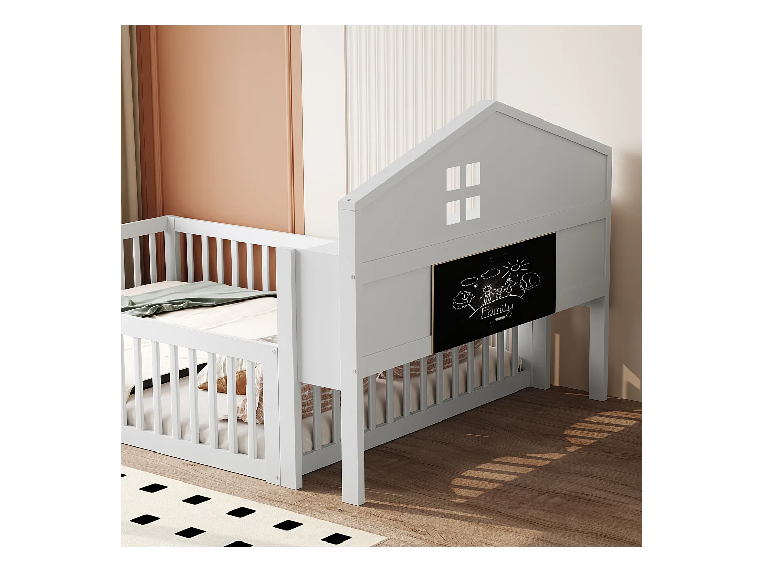 Lit cabane enfant 140x200 cm avec barrières de sécurité, étagères et rangements blanc (sans matelas)