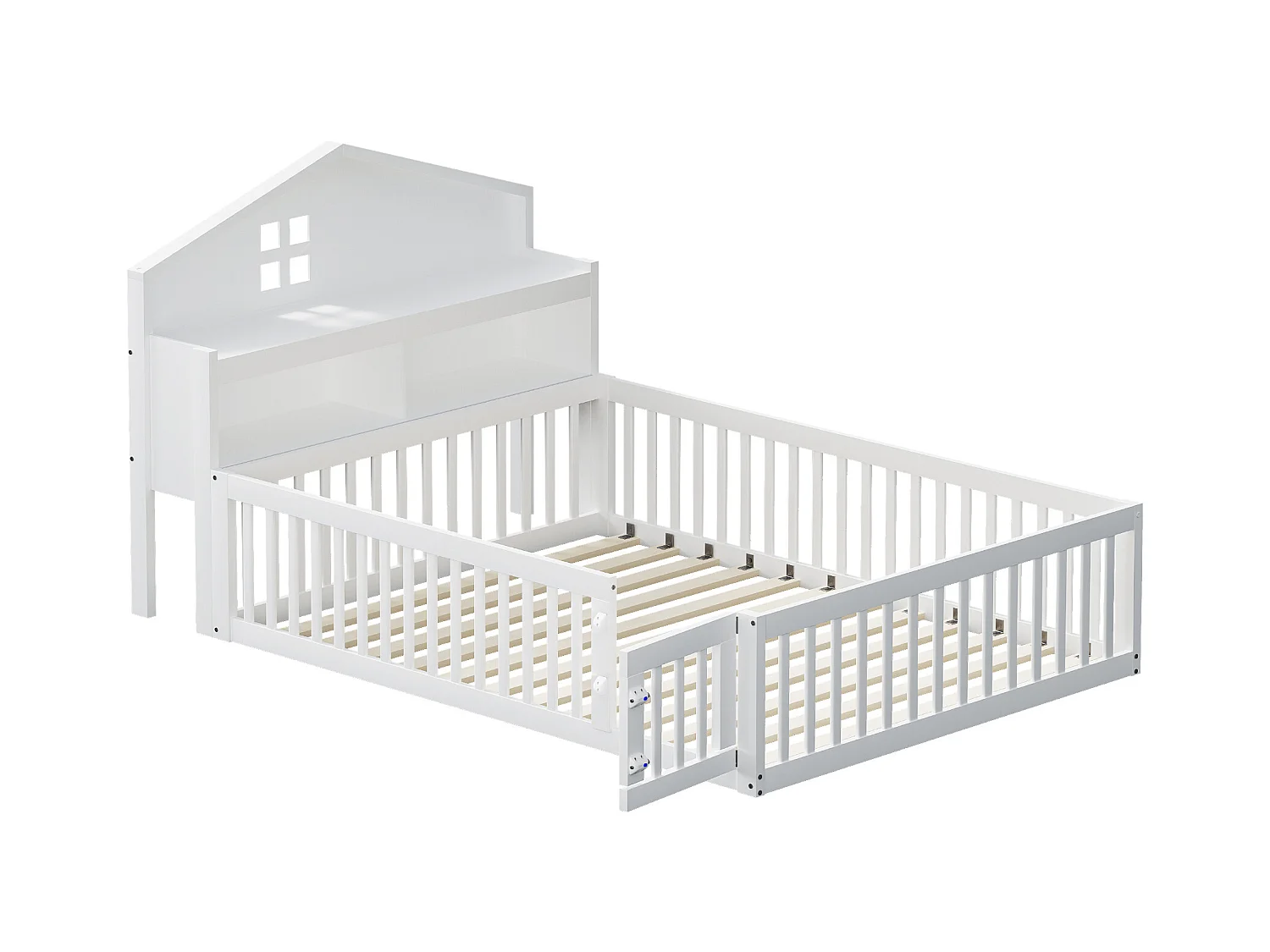 Lit cabane enfant 140x200 cm avec barrières de sécurité, étagères et rangements blanc (sans matelas)