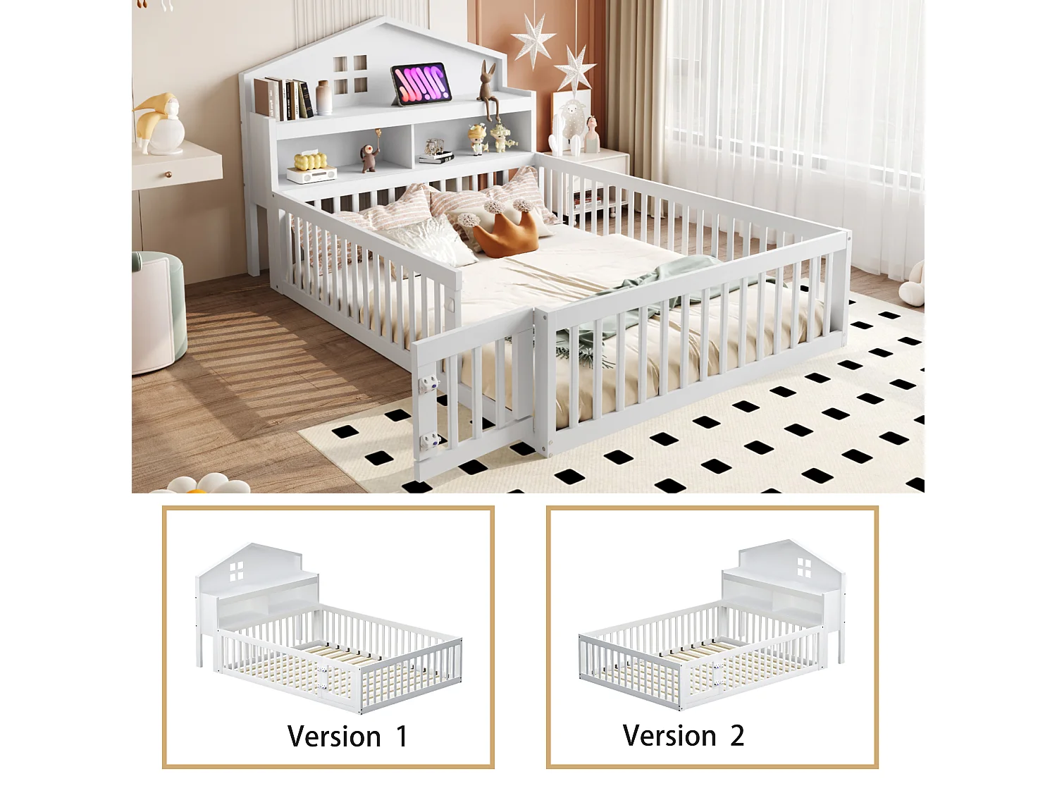 Lit cabane enfant 140x200 cm avec barrières de sécurité, étagères et rangements blanc (sans matelas)