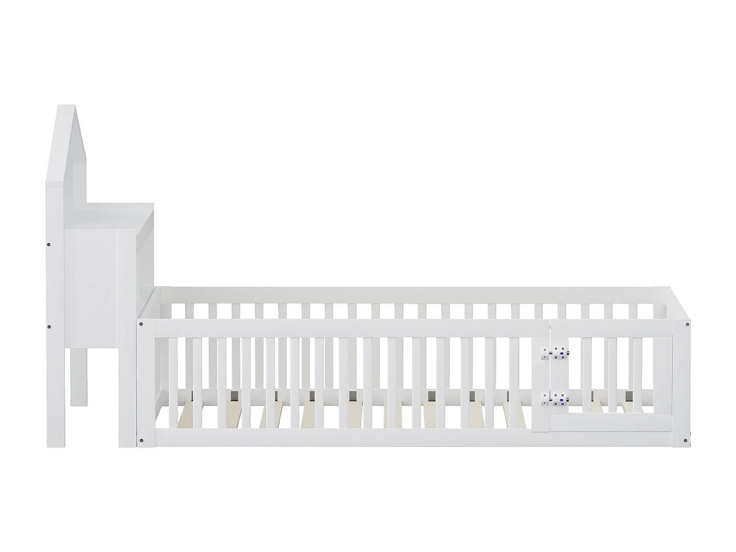 Lit cabane enfant 140x200 cm avec barrières de sécurité, étagères et rangements blanc (sans matelas)