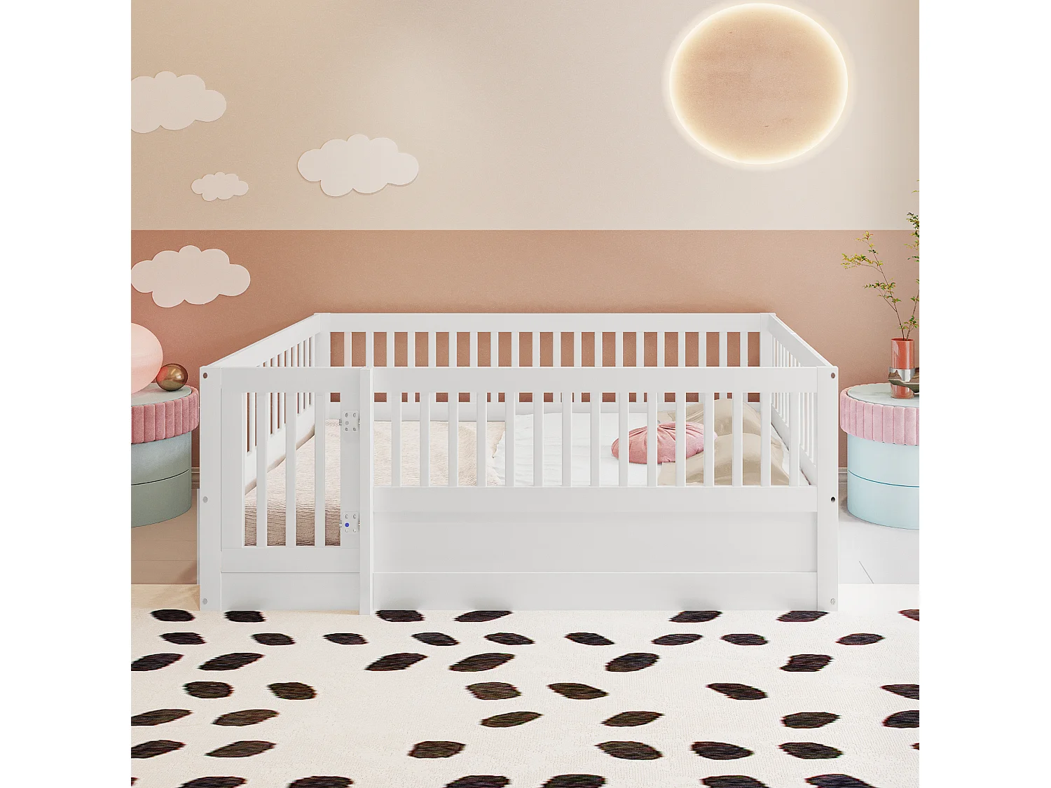 Lit cabane enfant blanc 140x200cm avec cadre de lit et petite porte (sans matelas ni cadre de lit)