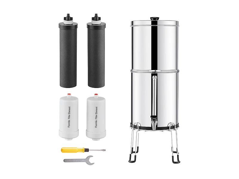 Filtre à Eau Alimenté par Gravité SucceBuy, Système de Filtration d'Eau par Gravité 7,5 L, 4 Filtres, en Acier Inoxydable