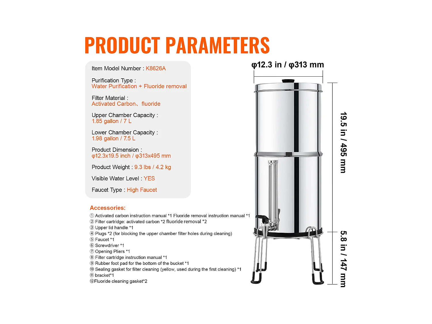 Filtre à Eau Alimenté par Gravité SucceBuy, Système de Filtration d'Eau par Gravité 7,5 L, 4 Filtres, en Acier Inoxydable