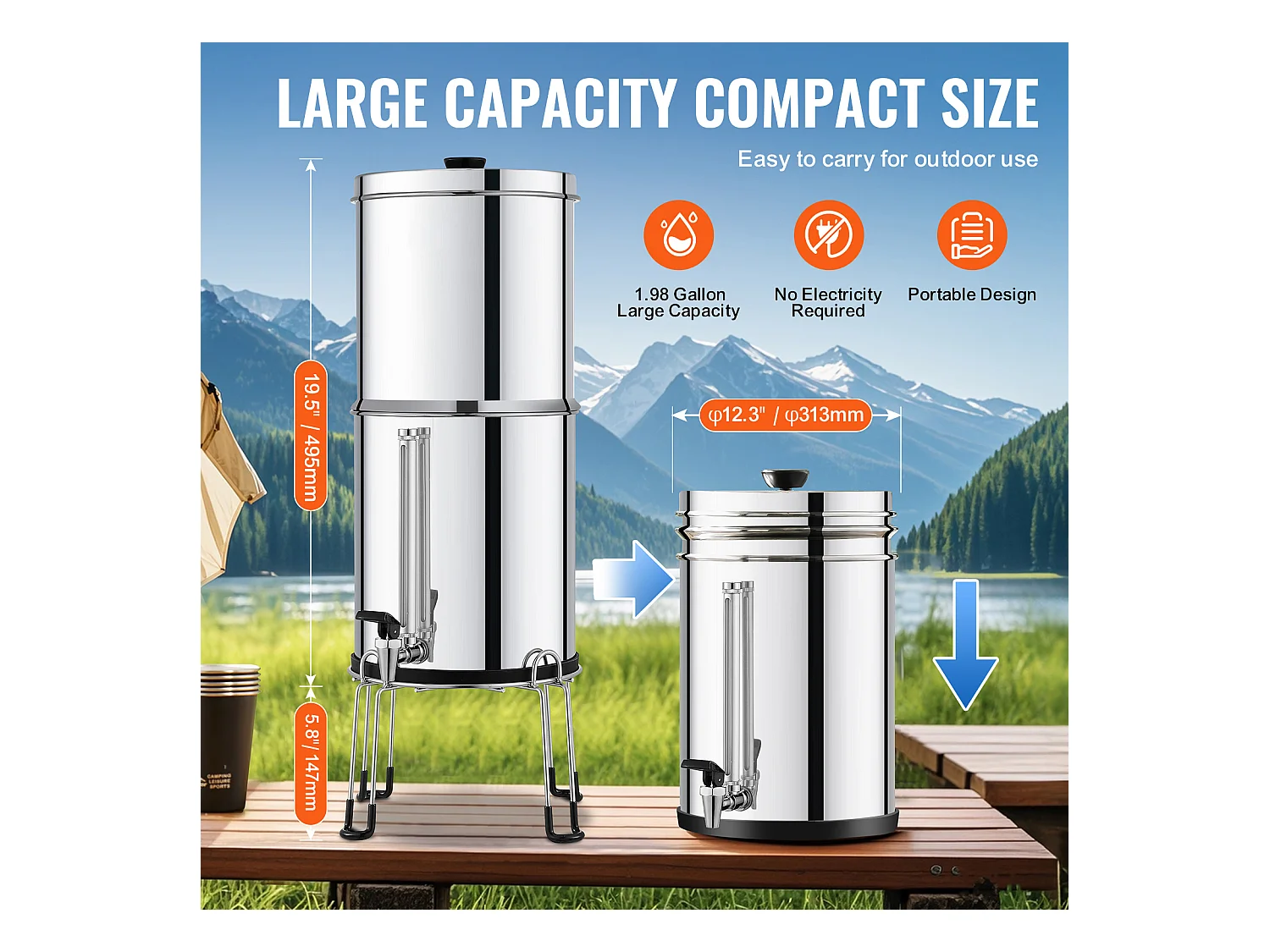 Filtre à Eau Alimenté par Gravité SucceBuy, Système de Filtration d'Eau par Gravité 7,5 L, 4 Filtres, en Acier Inoxydable