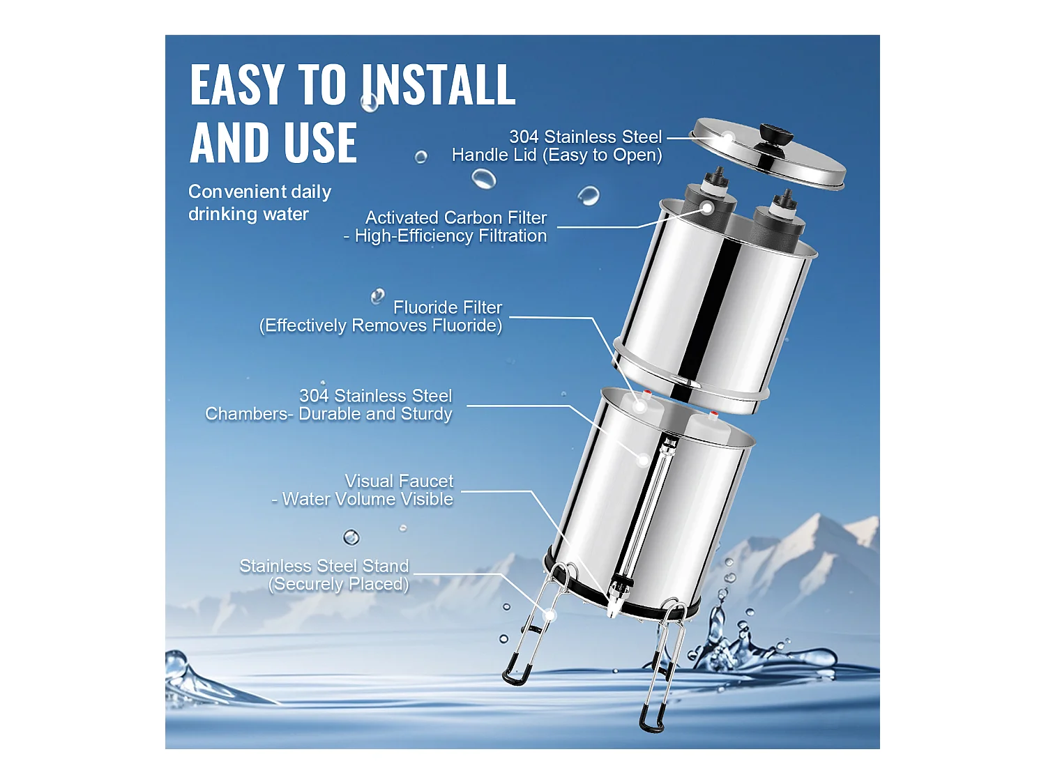 Filtre à Eau Alimenté par Gravité SucceBuy, Système de Filtration d'Eau par Gravité 7,5 L, 4 Filtres, en Acier Inoxydable