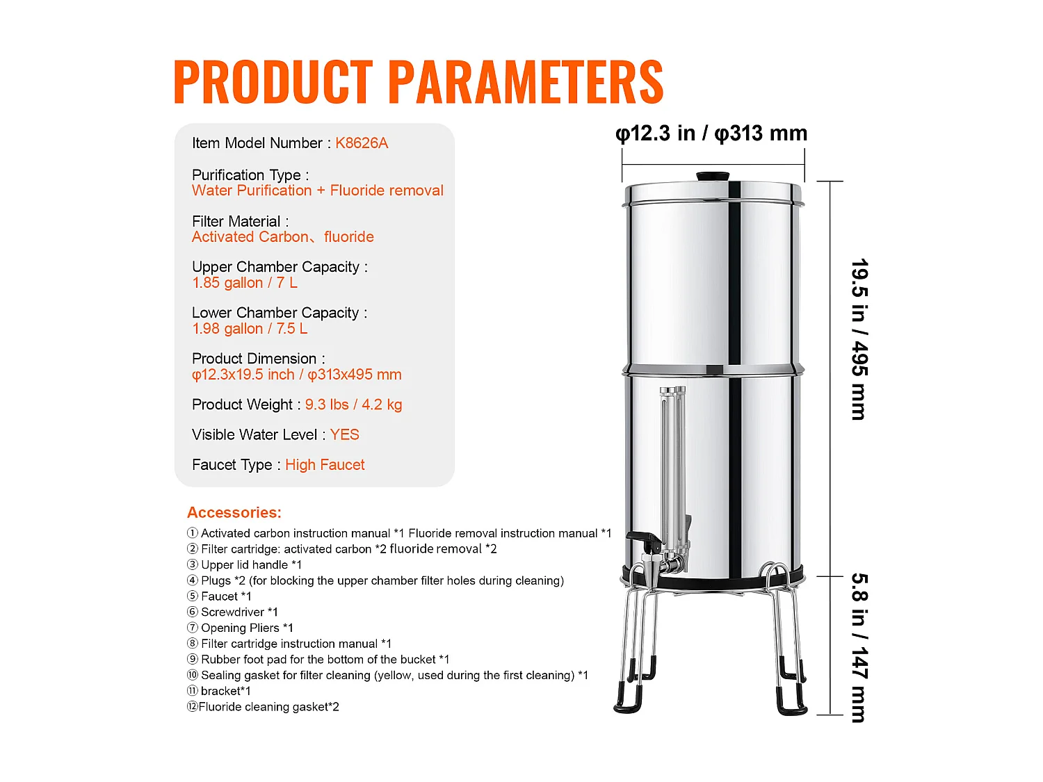 Filtre à Eau Alimenté par Gravité SucceBuy, Système de Filtration d'Eau par Gravité 7,5 L, 4 Filtres, en Acier Inoxydable