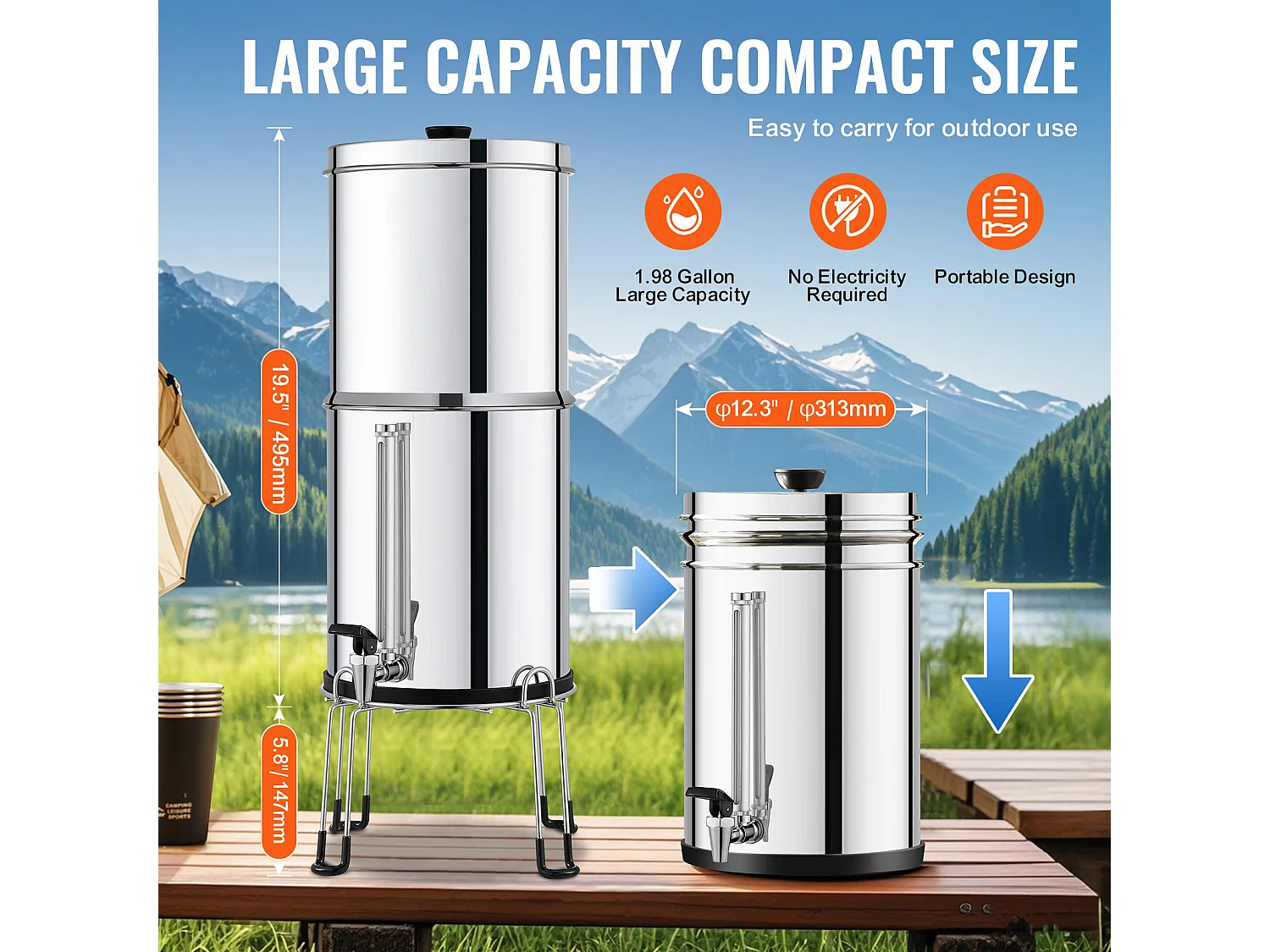 Filtre à Eau Alimenté par Gravité SucceBuy, Système de Filtration d'Eau par Gravité 7,5 L, 4 Filtres, en Acier Inoxydable