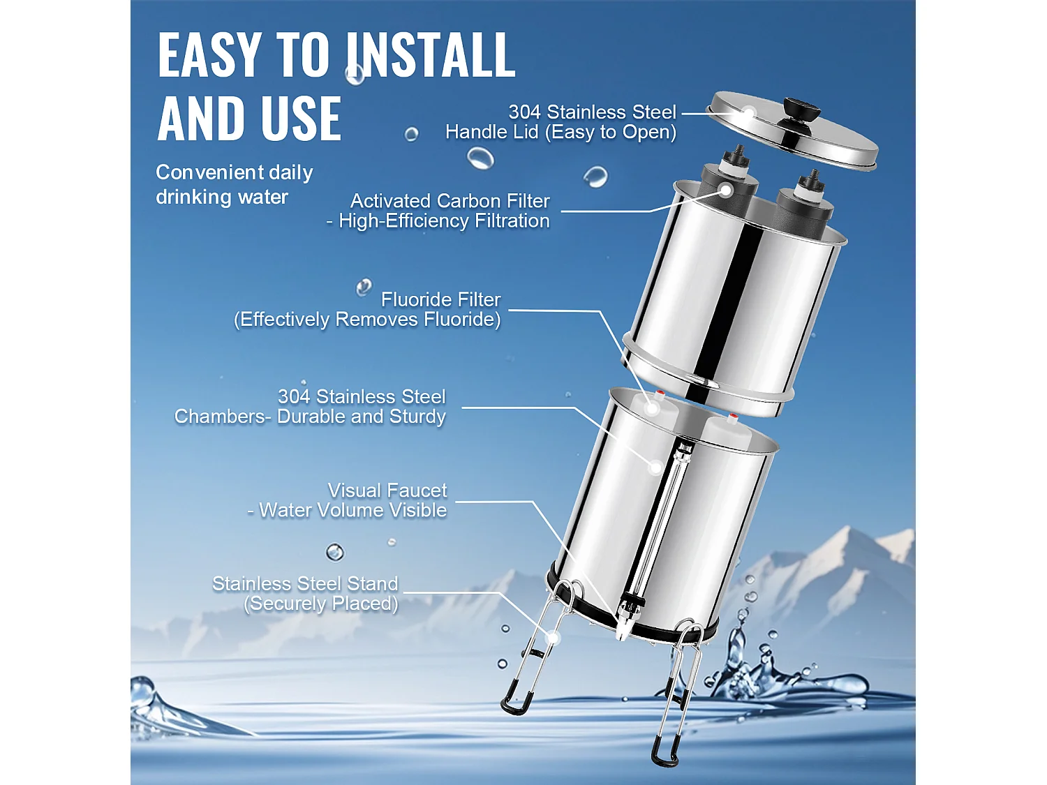 Filtre à Eau Alimenté par Gravité SucceBuy, Système de Filtration d'Eau par Gravité 7,5 L, 4 Filtres, en Acier Inoxydable