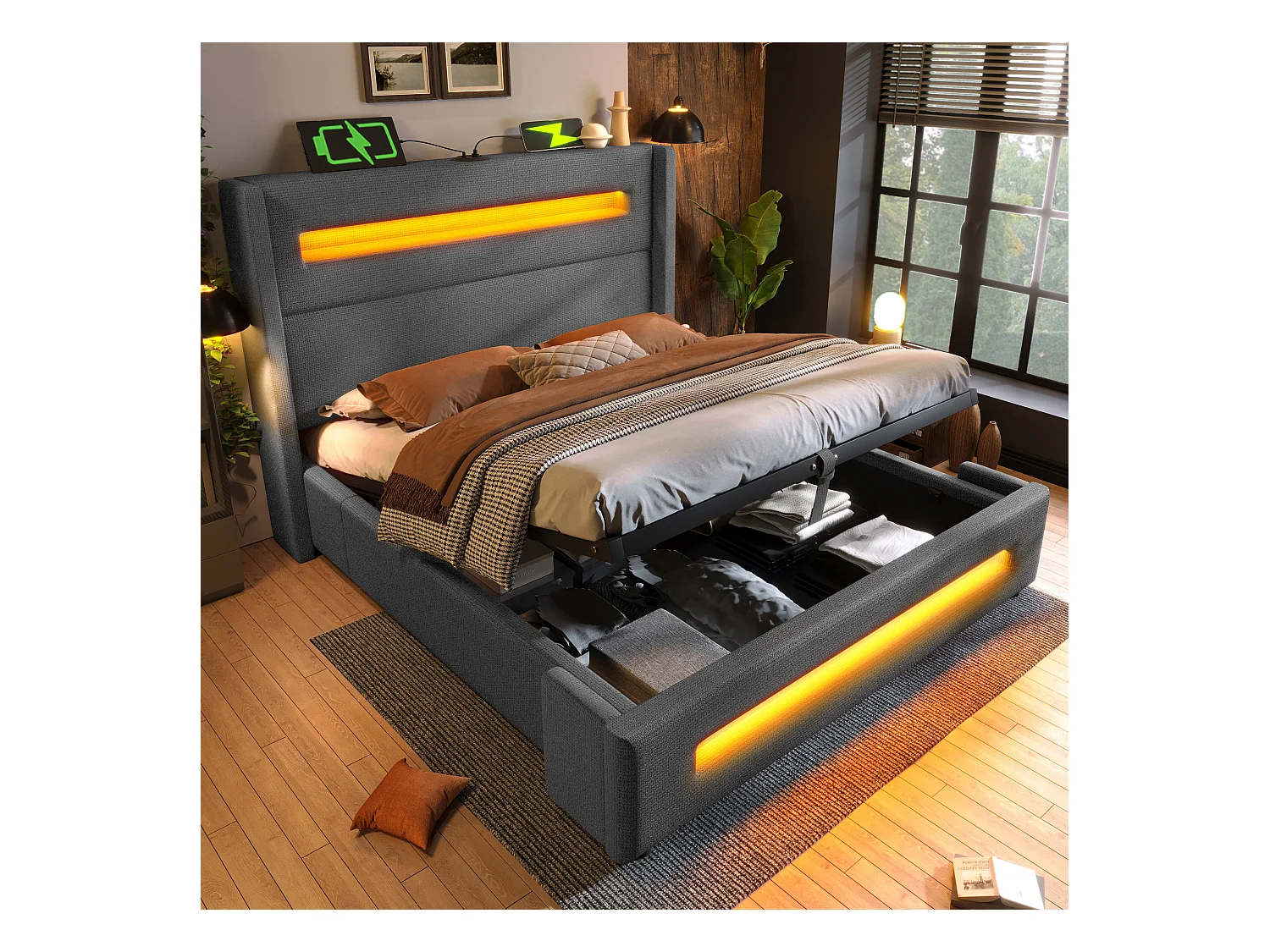 Lit coffre gris 140x 200 cm, lit double avec rangement hydraulique et chargement USB Type-C, matelas inclus