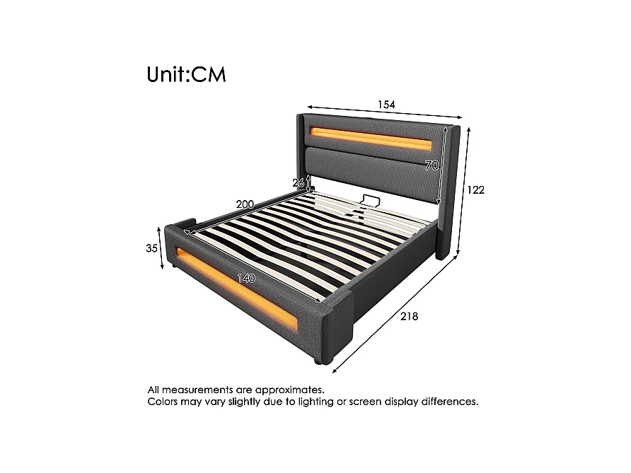 Lit coffre gris 140x 200 cm, lit double avec rangement hydraulique et chargement USB Type-C, matelas inclus