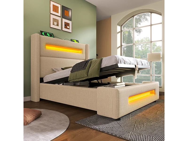 Lit coffre beige 90 x 200 cm, lit simple avec rangement hydraulique et chargement USB Type-C, matelas inclus