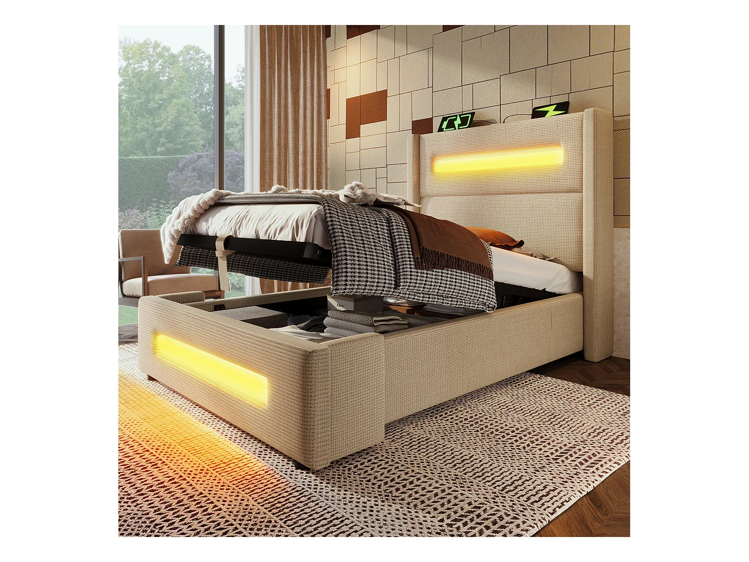 Beige opbergbed 90 x 200 cm, eenpersoonsbed met hydraulische opberging en USB Type-C-oplader, inclusief matras