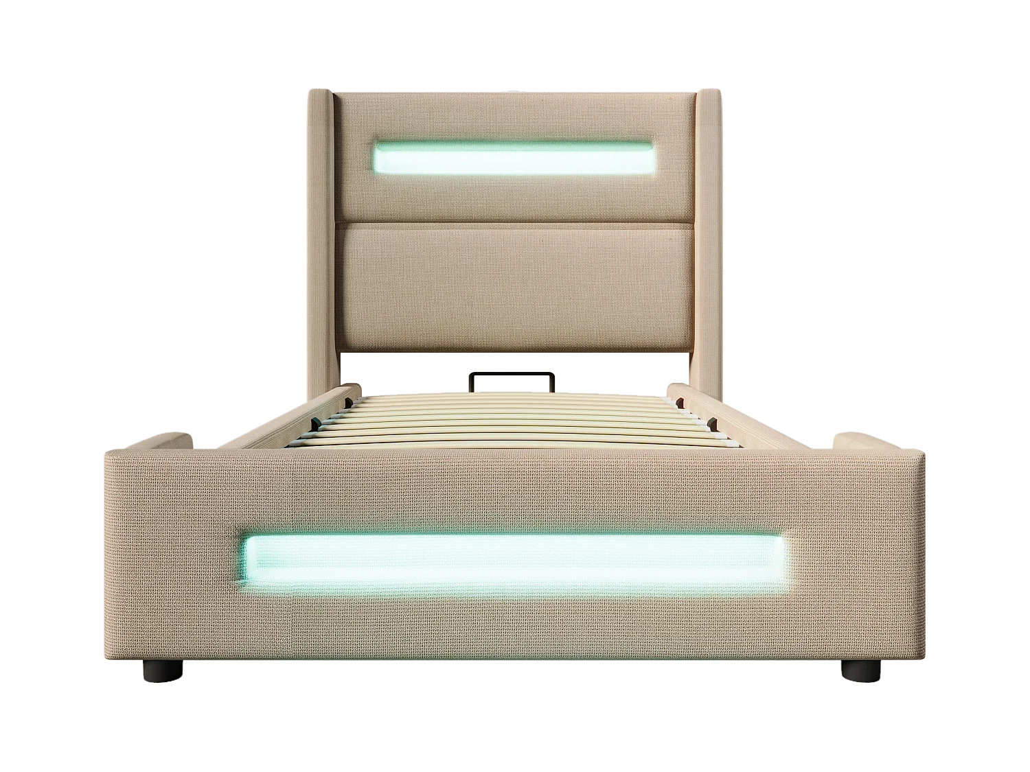 Lit coffre beige 90 x 200 cm, lit simple avec rangement hydraulique et chargement USB Type-C, matelas inclus