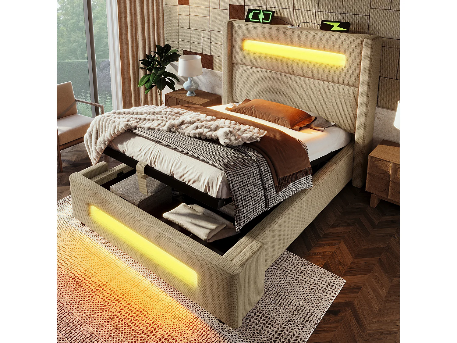 Lit coffre beige 90 x 200 cm, lit simple avec rangement hydraulique et chargement USB Type-C, matelas inclus