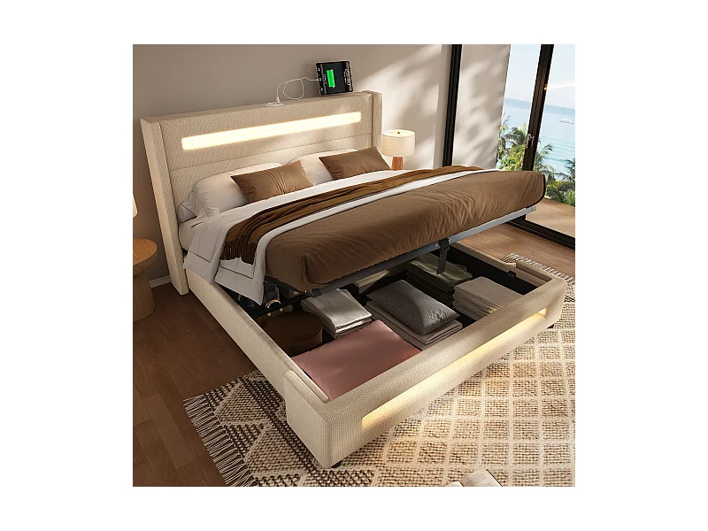 Lit coffre beige 160 x 200 cm, lit simple avec rangement hydraulique et chargement USB Type-C, matelas inclus