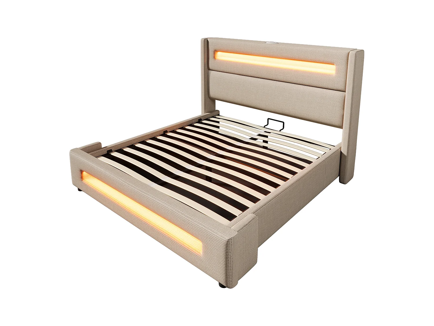 Beige opbergbed 160 x 200 cm, eenpersoonsbed met hydraulische opberging en USB Type-C-oplader, inclusief matras