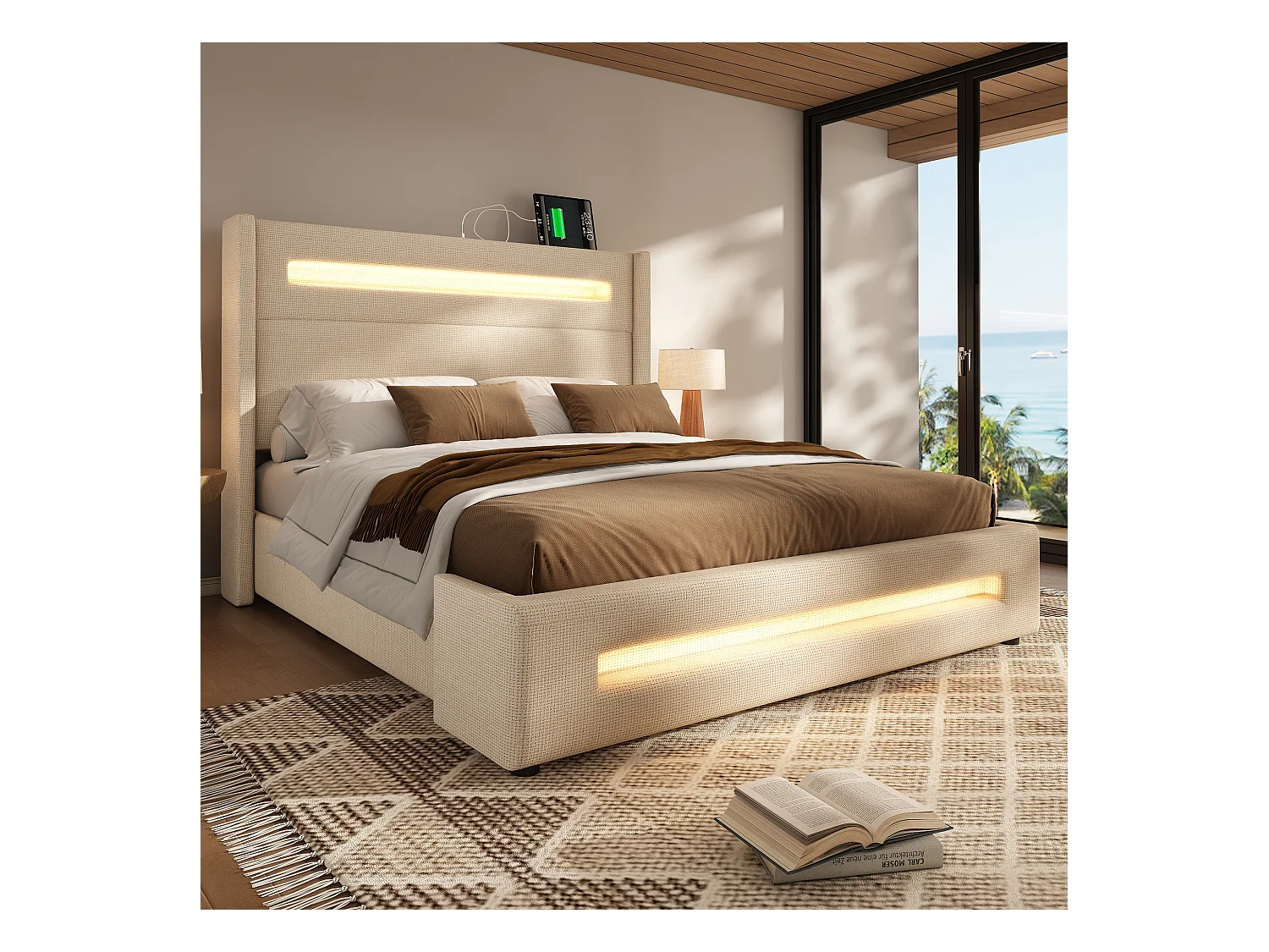 Beige opbergbed 160 x 200 cm, eenpersoonsbed met hydraulische opberging en USB Type-C-oplader, inclusief matras