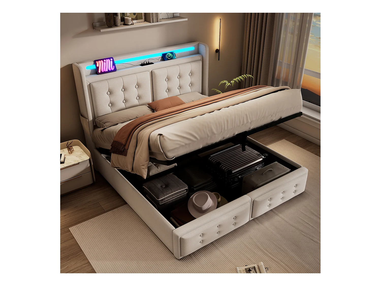 Lit coffre adulte beige avec matelas 160x200 cm, 1 port USB et 1 port Type-C avec rangement hydraulique