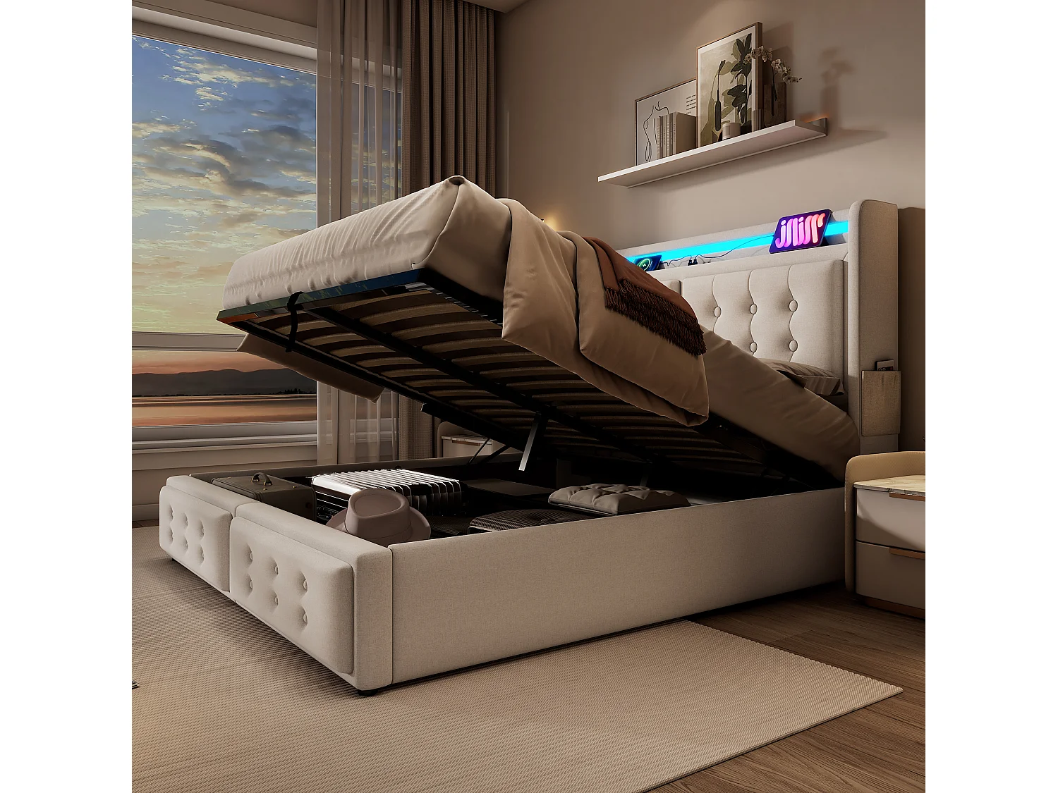 Lit coffre adulte beige avec matelas 160x200 cm, 1 port USB et 1 port Type-C avec rangement hydraulique