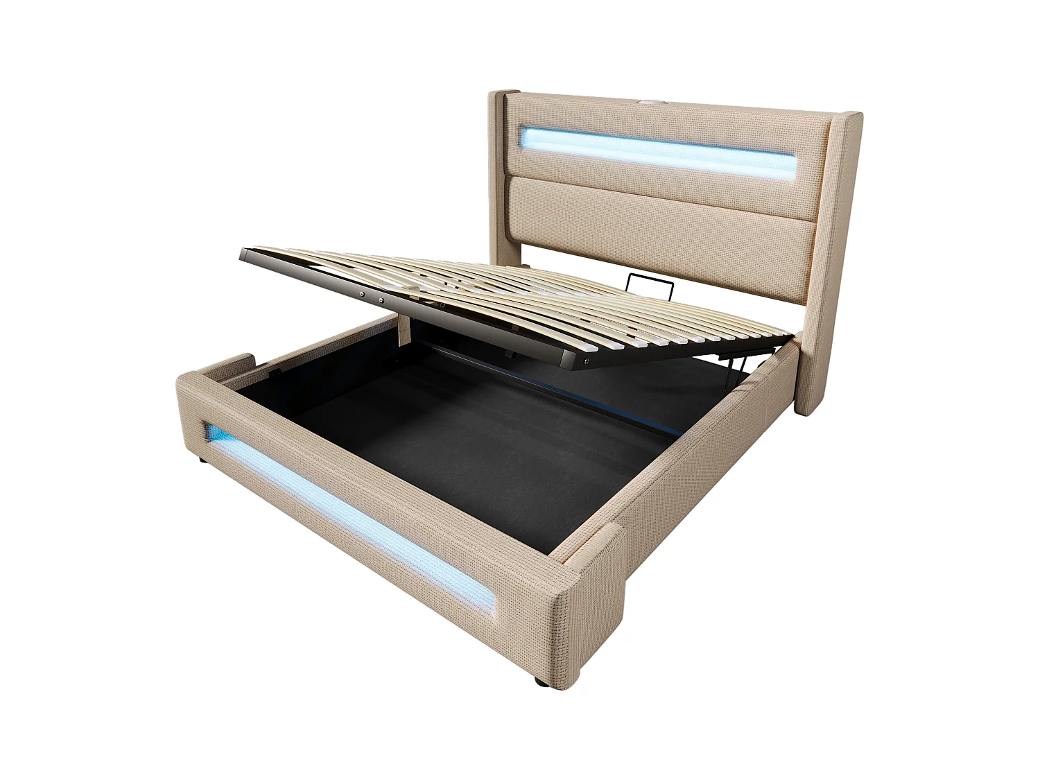 Lit coffre beige 140x 200 cm, lit double avec rangement hydraulique et chargement USB Type-C, matelas inclus
