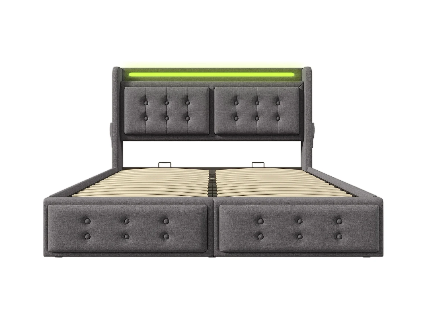 Lit coffre adulte gris avec matelas 160x200 cm, 1 port USB et 1 port Type-C avec rangement hydraulique