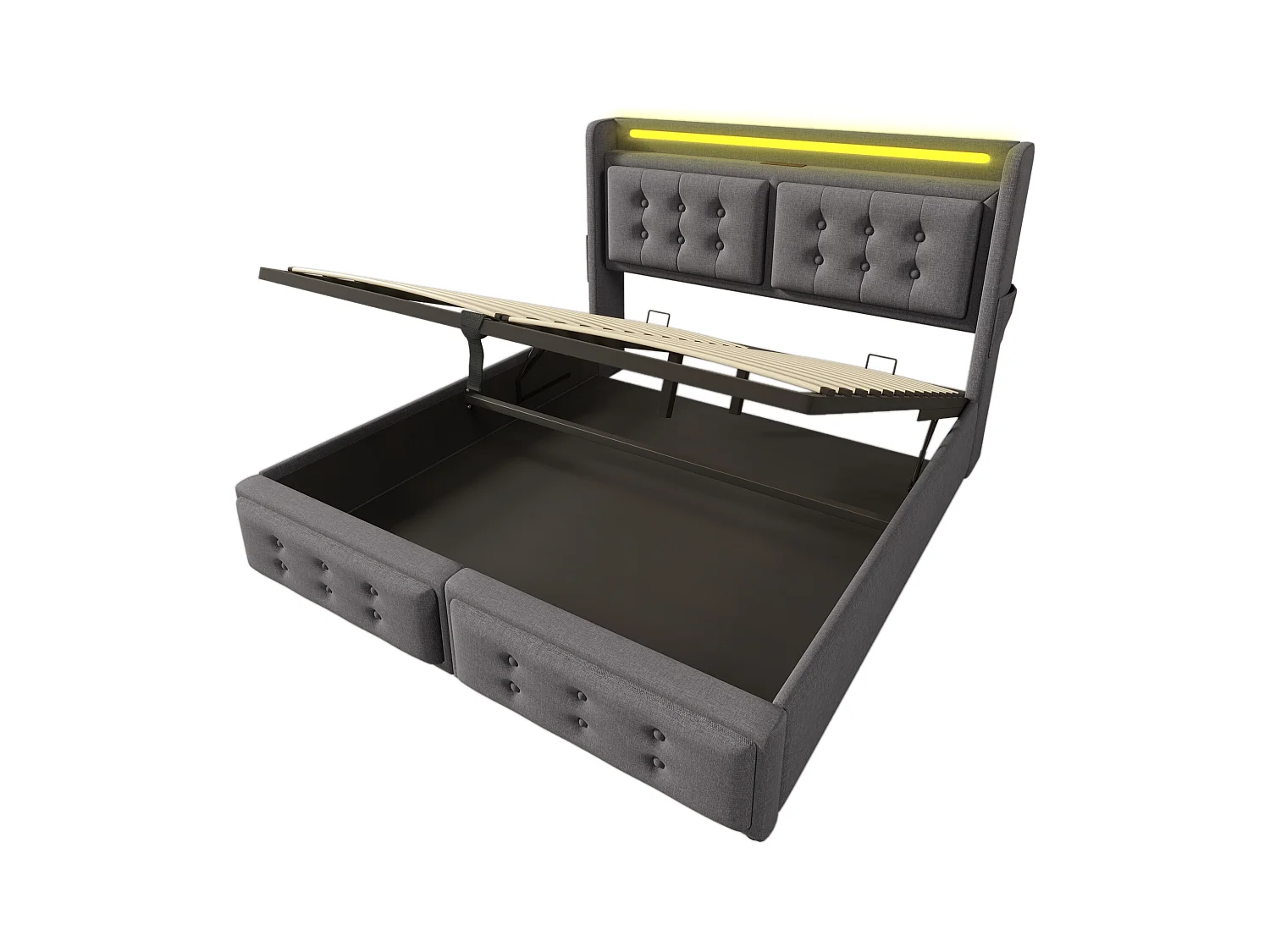 Lit coffre adulte gris avec matelas 160x200 cm, 1 port USB et 1 port Type-C avec rangement hydraulique