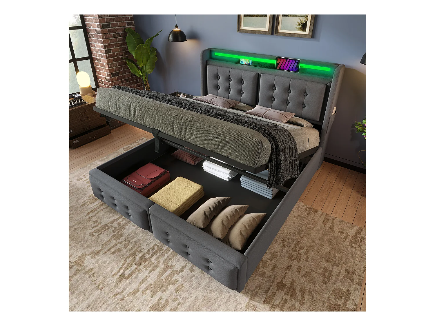 Lit coffre adulte gris avec matelas 160x200 cm, 1 port USB et 1 port Type-C avec rangement hydraulique