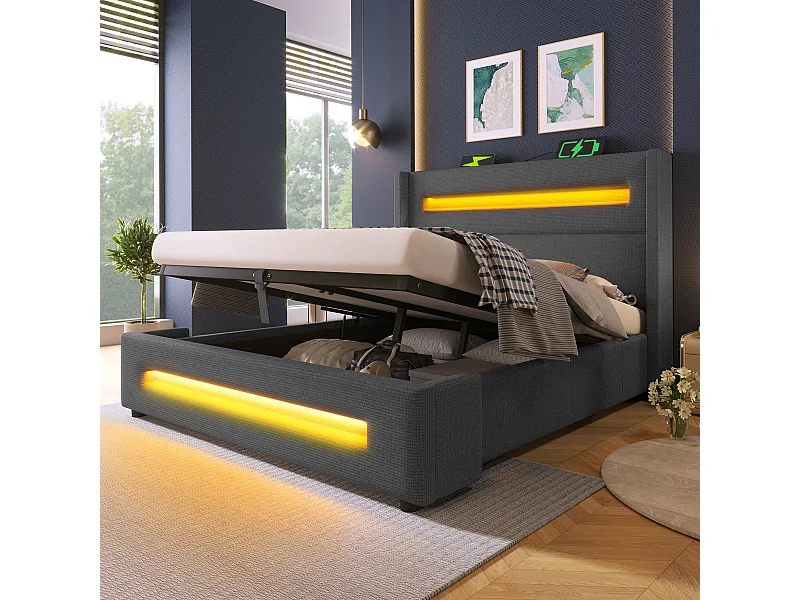Lit coffre gris 160 x 200 cm, lit simple avec rangement hydraulique et chargement USB Type-C, matelas inclus